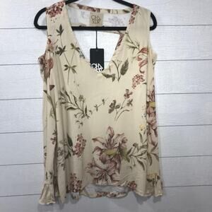 CHASER Tan Floral Cold Shoulder Cut Out Top Size Medium